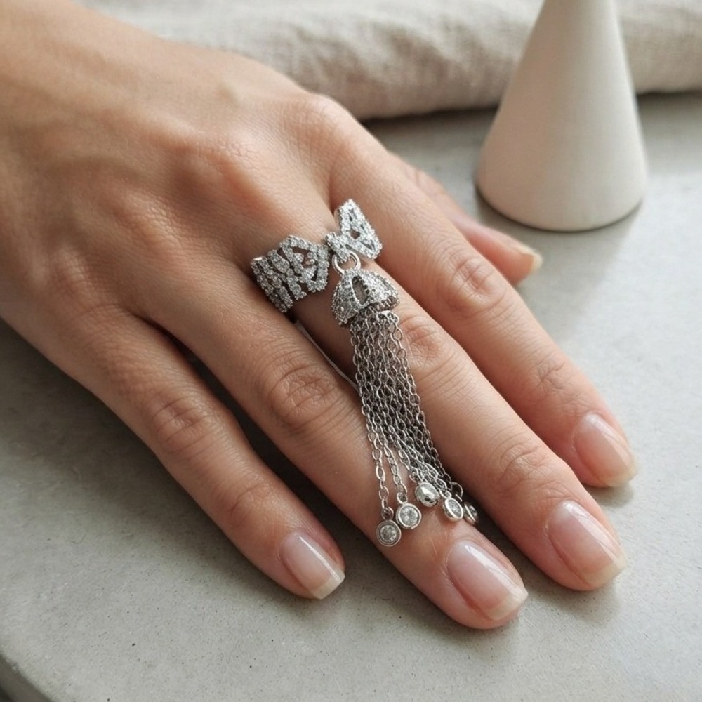 Adjustable Tassel Crown Ring Silver Tone Pave Crystal Dangle Fringe Statement